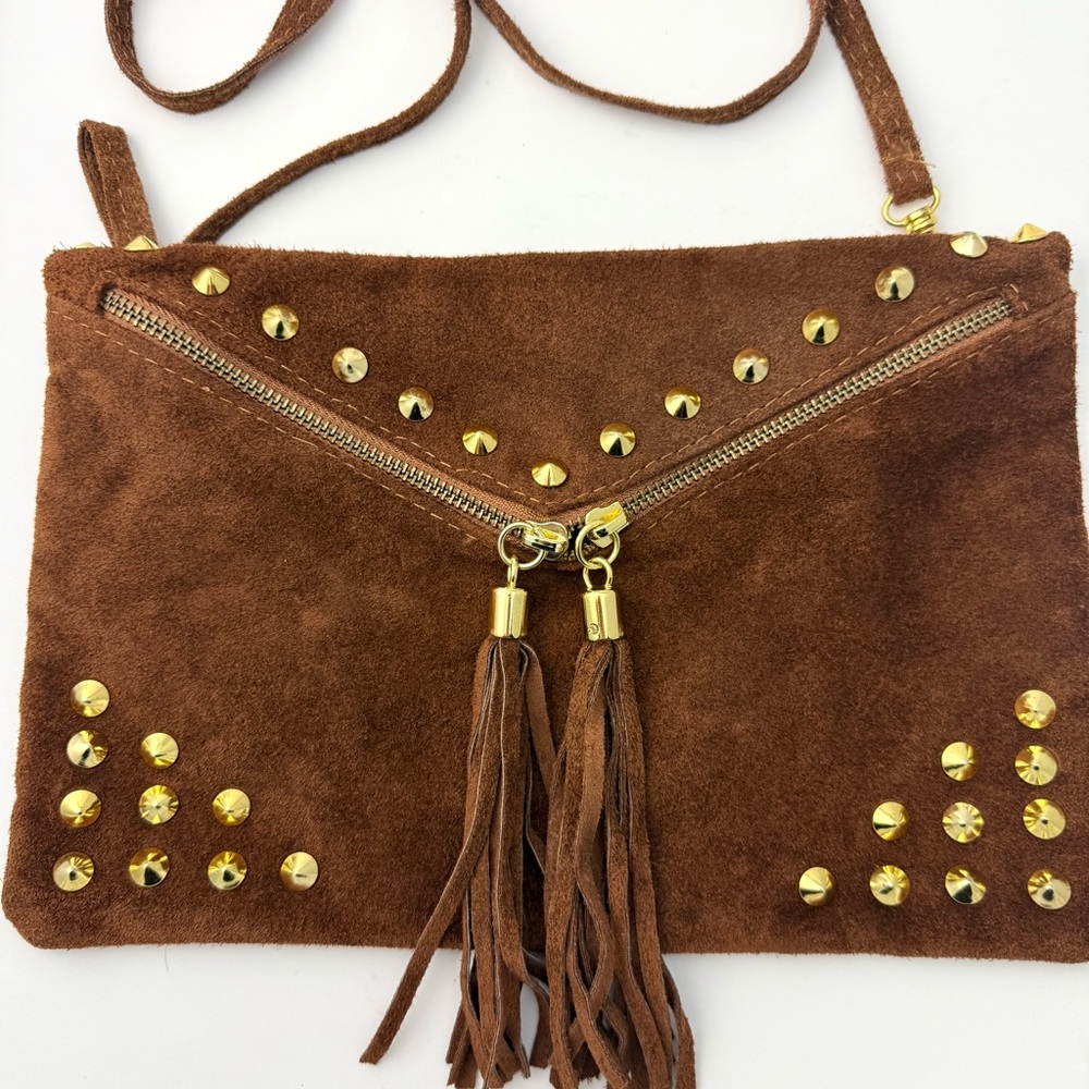 Genuine Leather Suede Crossbody with Gold Toned Studs